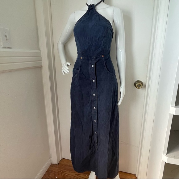 Vintage Christian Lacroix Denim Maxi Halter Dress snap button up Italy - Picture 1 of 16